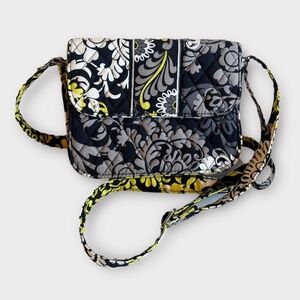 Vera Bradley Baroque Front Flap Crossbody Purse Black Gray Yellow Floral